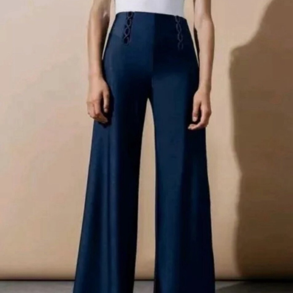 Carbon 38 High Waisted Wide Leg Trouser Pants, Navy Blue, Size M